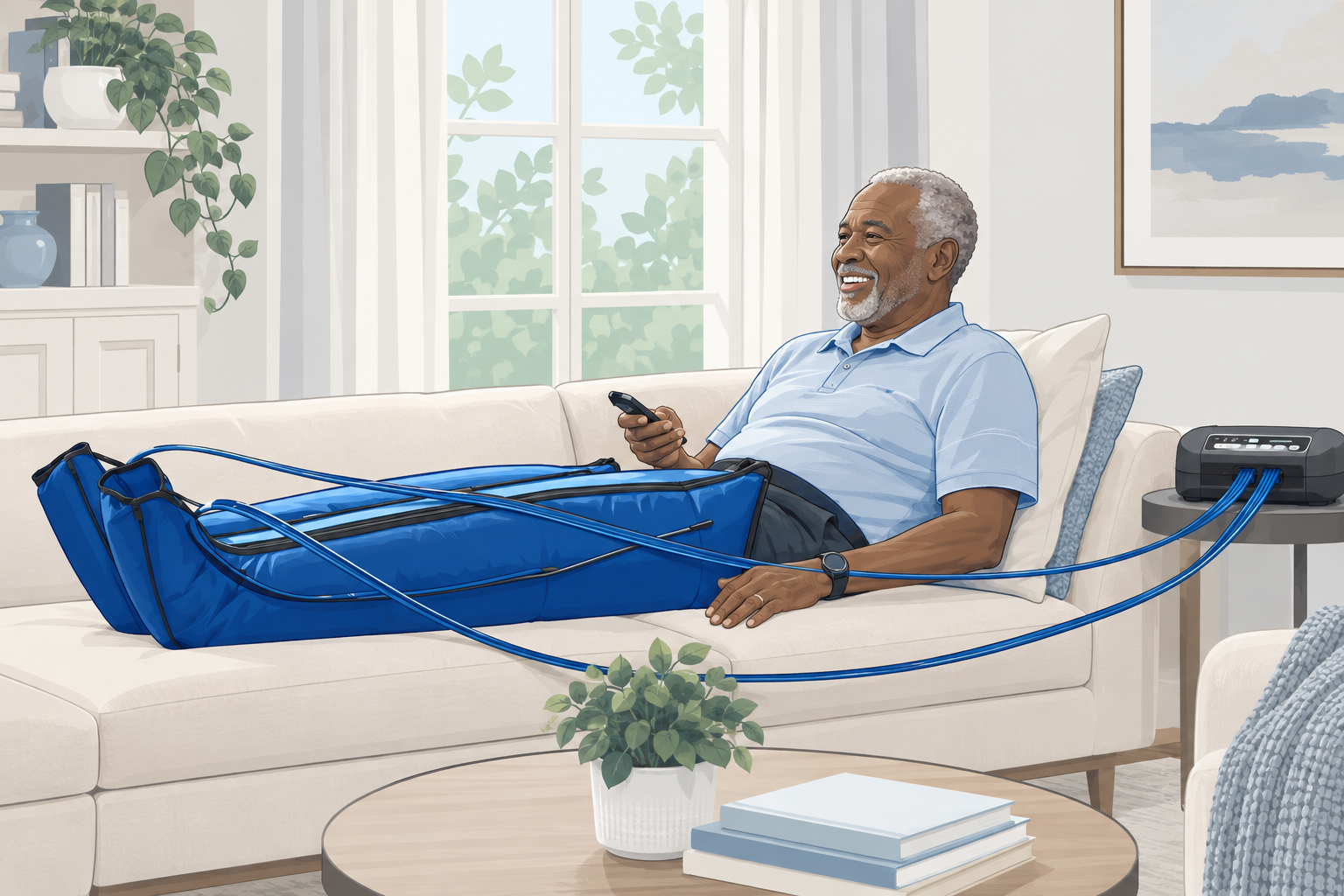 A patient using pneumatic compression therapy at home